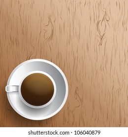 Top view of coffee cup on wood. Vector