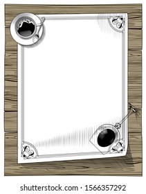 Top view of a coffee cup, overturned wine glass and paper sheet with a claasic frame on the wood table. Restaurant and cafe menu concept. Vintage stylized drawing. Vector illustration