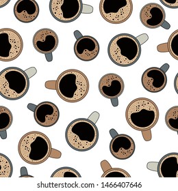 Top view coffee cup seamless pattern. Background for coffee cafe menu, shop or house. Vector isolated illustration.