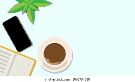 Top view coffee cup with smartphone and notebook vector , isolated on blue background,  Vector Illustration EPS 10