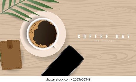 Top view coffee cup with smartphone and notebook vector , isolated on blue background,  Vector Illustration EPS 10