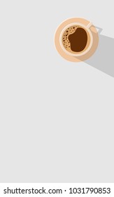 Top view of coffee cup with some bubble in the flat light simple top view style with long shadow and copy space for text in portrait style for wallpaper or poster
