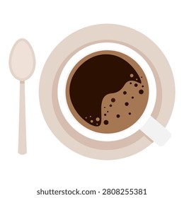 Top View Coffee Cup Vector Illustration Black Coffee Foam Bubbles Flat Design Mug with Saucer and Spoon Overhead Warm Beverage Icon. Coffee cup for cafe menus, coffee shop branding, breakfast blog graphics, recipe collections, beverage apps, food delivery platforms, restaurant signage