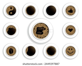 Top view of coffee cups set with different foams of shape in the creative  symbols. Fresh espresso icon. Vector illustration isolated on white background