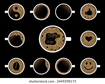 Vista superior de tazas de café con diferentes espumas de forma en los símbolos creativos. Icono de espresso fresco. Ilustración vectorial aislada sobre fondo negro
