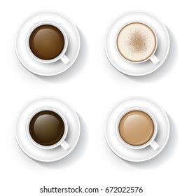 Vista superior del café, chocolate caliente, té de leche en taza blanca sobre fondo blanco. Ilustración vectorial. 