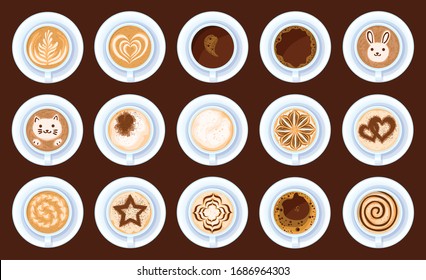 Vista superior del icono del conjunto de dibujos animados aislados del café. Cappuccino de la copa de ícono de conjunto de dibujos vectoriales. Imagen vectorial vista superior del café sobre fondo blanco.