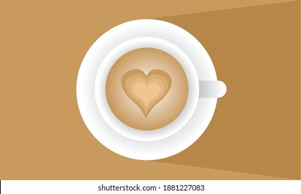 Top view coffee latte art heart shape on white cup with shadow and copy space
