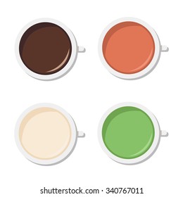 Top View of Coffee, Milk Tea, Milk, Green Tea. On white background. Vector.