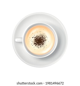 Top view of coffee with milk in white cup realistic vector illustration