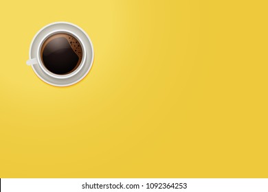Top view of a coffee mug. Vector cup of coffee on a vivid yellow desktop background with copyspace.
