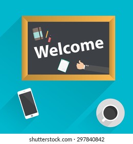 top view of coffee, phone and blackboard with Welcome