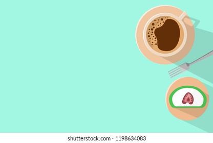 Top view of coffee and strawberry cream roll with copy space for text and light background 
