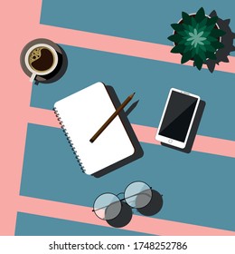 
Mesa de café con smartphone, agenda, gafas y vectores estacionario
