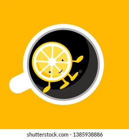Top view of coffee, tea cup, mug with half of cartoon lemon cute character. Vector illustration
