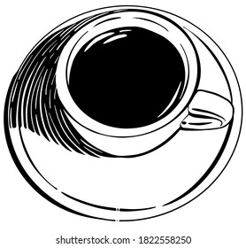 Top view Coffee or tea Cup hand drawn sketch black and white vector illustration engraving style