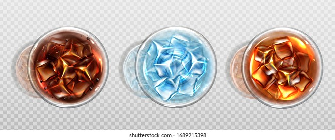 Top view of cola, cold tea and water with ice cubes. Cold soda drinks in glass cups with air bubbles. Isolated summer cocktails or alcohol beverages, Realistic 3d vector illustration, icon, clip art