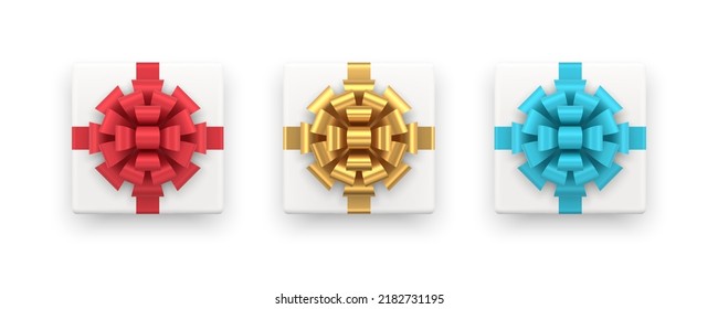 Colección de vista superior elegante de cartón cuadrado blanco envuelto para la imagen vectorial 3d de almacenamiento actual de vacaciones. Caja de regalo de diseño elegante y costoso con cinta de arco dorado, azul y rojo