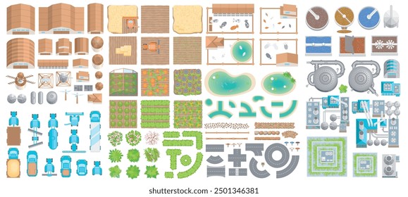 Top view. A collection of isolated vector illustrations of agricultural and livestock eco-friendly farms. Eco-conscious production equipment. Farm buildings, machinery, fields, ponds, equipment
