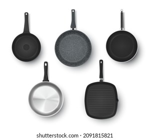 Top view collection realistic pans with handles for cooking vector illustration. Set of kitchen cookery equipment for frying different shape isolated. Metal skillet empty fry cookware template