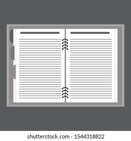 Top view collection of spiral notebook front,white open page isolated on gray background. Sketchbook. Business concept. Vector illustration EPS 10.