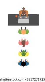 Top view collection of vector characters. Includes a person working on a laptop at a desk and various people in different outfits from an overhead perspective, isolated on white background. Perfect for architectural plan rendering, office layout design, and infographics.