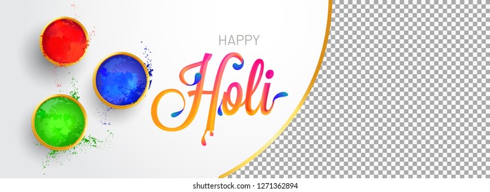Top view of color bowls with stylish lettering of holi and space for your image. Indian festival of colors celebration banner design.
