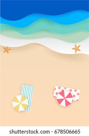 Top View Of Colorful Beach Side And Blue Wave In Summer Time, Paper Cut Illustration Art Design