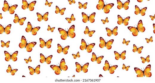 Top view of colorful butterflies with fully stretched wings. Seamless pattern beautiful butterfly on white. Vector summertime design for textile, wallpaper, wrapping paper, hawaiian style shirt