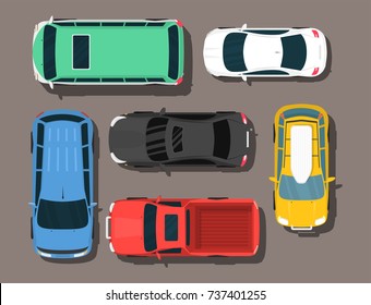 Top view colorful car toys pickup automobile transport wheel transportation design auto vector illustration.