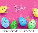 Top View of Colorful Cartoon Smiley Eggs and Carrots Decorate on Pink background for Happy Easter Celebration Concept