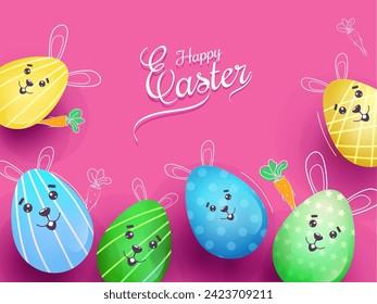 Top View of Colorful Cartoon Smiley Eggs and Carrots Decorate on Pink background for Happy Easter Celebration Concept