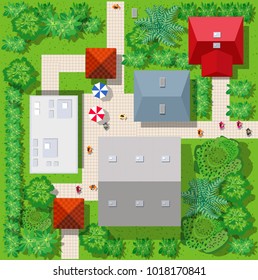 Top view of the colorful city with a road with roofs of houses, streets and trees
