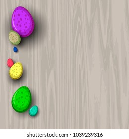 Top view of colorful Easter eggs on wooden background with copy space.Template for Easter season greeting card, banner and poster in vector illustration to celebrate the festival.