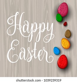 Top view of colorful Easter eggs on wooden background with copy space.Template for Easter season greeting card, banner and poster in vector illustration to celebrate the festival.