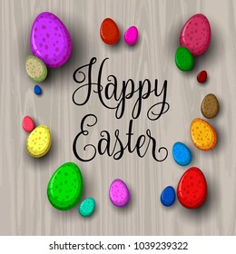 Top view of colorful Easter eggs on wooden background with copy space.Template for Easter season greeting card, banner and poster in vector illustration to celebrate the festival.