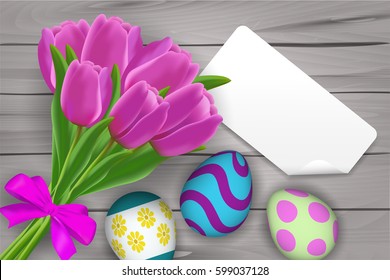 top view of colorful Easter eggs on wooden background with tulip and blank card.Template for Easter season greeting card, banner and poster in vector illustration to celebrate the festival.