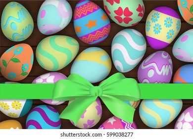 top view of colorful Easter eggs on wooden background and ribbon.Template for Easter season greeting card, banner and poster in vector illustration to celebrate the festival.
