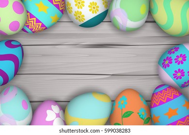 Top view of colorful Easter eggs on wooden background with copy space.Template for Easter season greeting card, banner and poster in vector illustration to celebrate the festival.