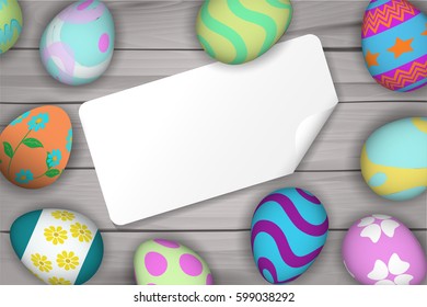 top view of colorful Easter eggs on wooden background with blank paper card.Template for Easter season greeting card, banner and poster in vector illustration to celebrate the festival.