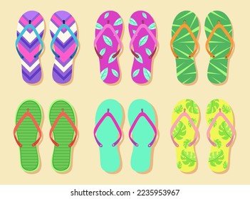 Top view of colorful flip-flops vector illustrations set. Collection of cartoon drawings of flip flops with different ornaments isolated on beige background. Summer, footwear, fashion concept