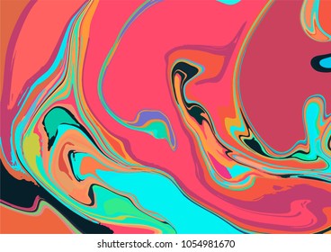 Top view of colorful ink blots, stains and swirls on surface making with ebru marbling technique. Abstract fantasy vector background.
