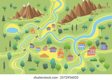 Top view of a colorful landscape map with rivers, bridges, houses, trees, and mountains. Rural areas, geography, travel concepts in a playful, cartoonish style. Aerial. View from above.