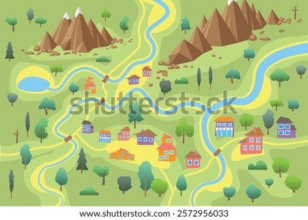 Top view of a colorful landscape map with rivers, bridges, houses, trees, and mountains. Rural areas, geography, travel concepts in a playful, cartoonish style. Aerial. View from above.