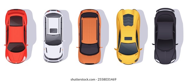 Top view of colorful modern cars on white background. Vector illustration