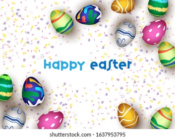 Top View of Colorful Printed Eggs Decorated on Confetti Background for Happy Easter.