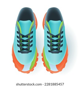 Top view of colorful sneakers for athletes 3D illustration. Drawing of running shoes for playing sports or outdoor activity in 3D style on white background. Sports, fitness, healthy lifestyle concept