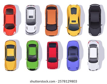 Top view of colorful sports cars in various vibrant colors. Vector illustration