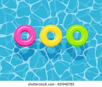 Top view of colorful swim rings on the blue water background. vector illustration.