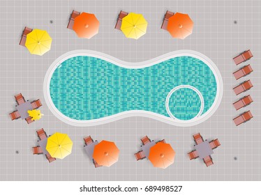 Top view of colorful swimming pool with chairs and Tables illustration.